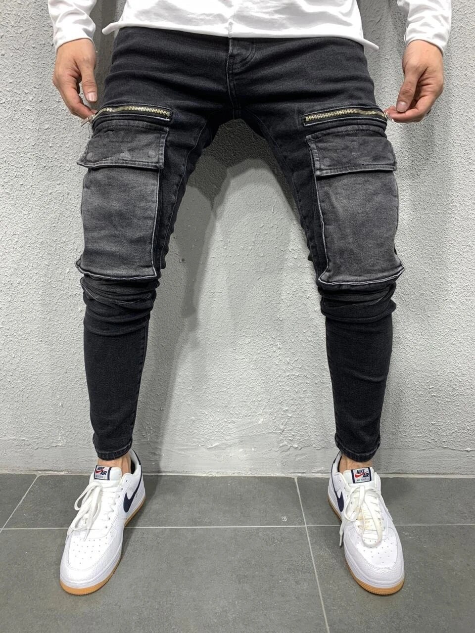 Mäns jeans stor ficka blixtlås dekoration ren bomull denim vatten land jeans: Svart / Xxl