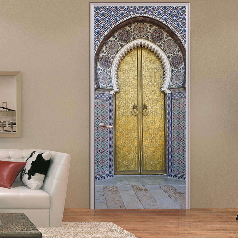 Door Stickers Home Decor Arabic Style Copper Door Wrap Wallpaper Decals Home Decoration