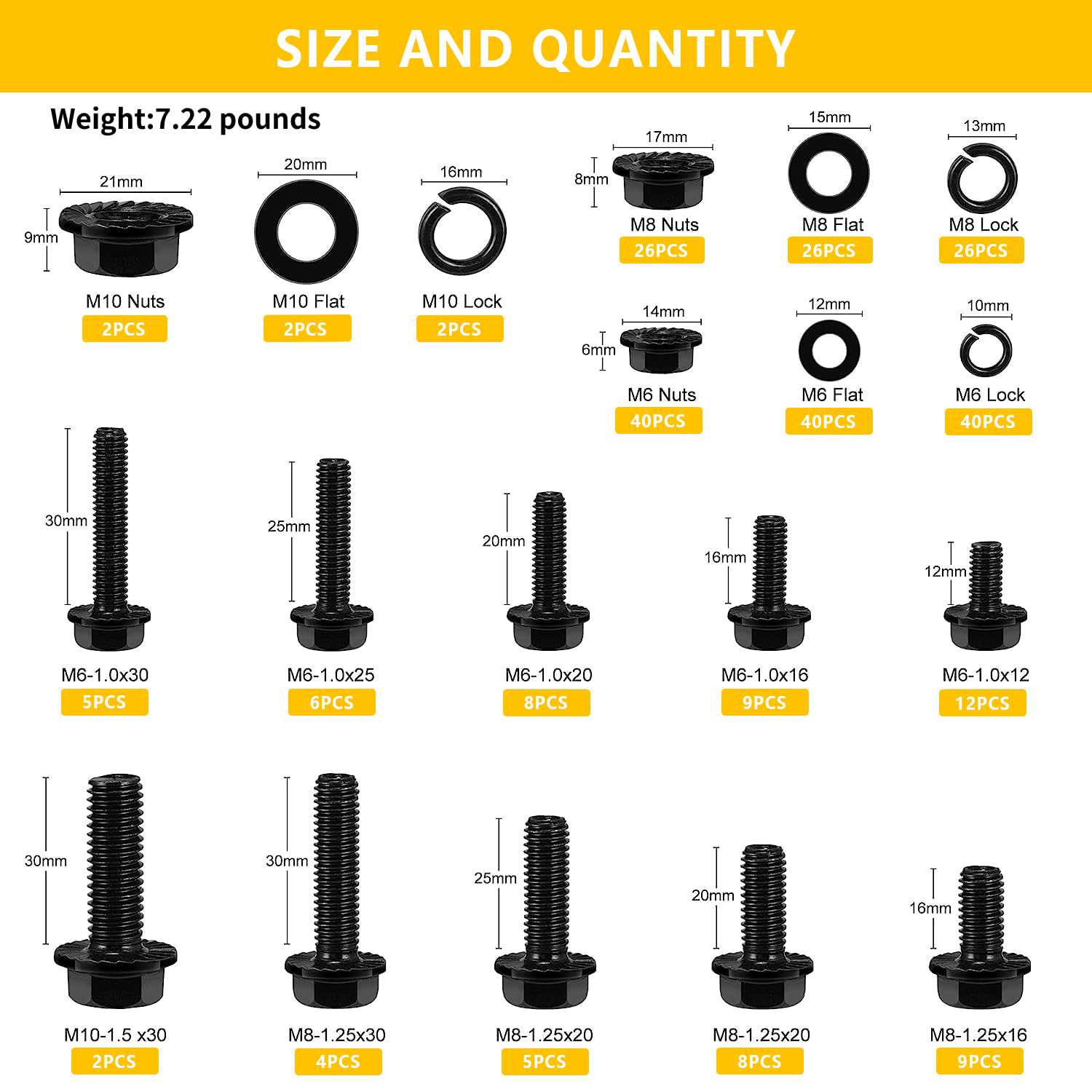 Kit de tuercas y pernos hexagonales con brida de 272 piezas, perno M6, pernos M8 x 1,25, M10-1,5, surtido de pernos métricos, acero de aleación clase 10,9 platillo de zinc negro
