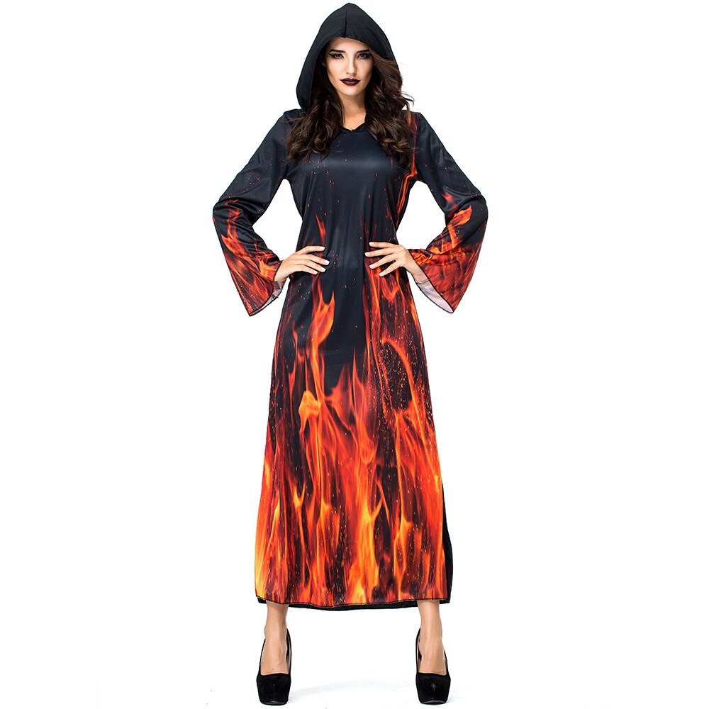 Umorden Vrouwen Underworld Hell Flame Fire Devil Kostuum Hoody Robe Halloween Carnaval Purim Party Kostuums