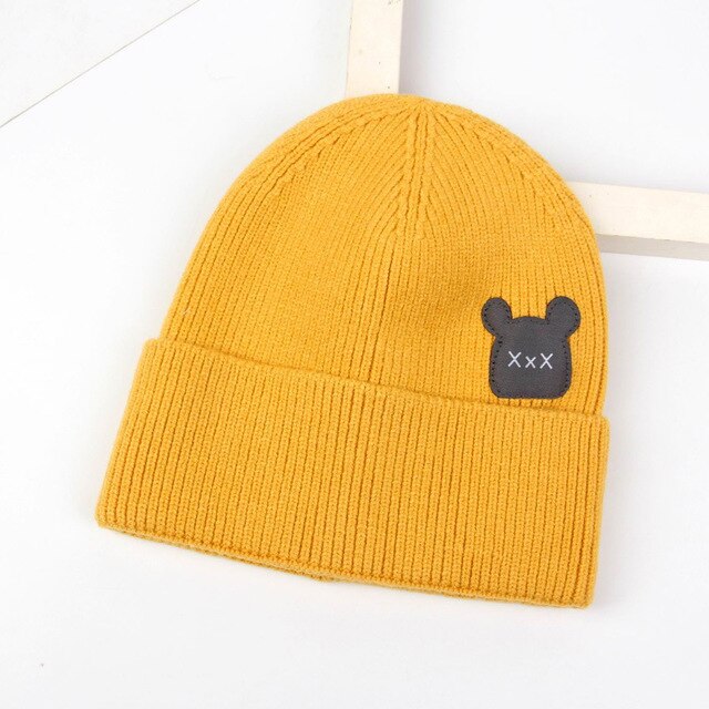 Sombreros de lana coreanos para niños, gorros de punto para bebés, con etiqueta de dibujos animados, a la , simples, para mantener el calor: C1