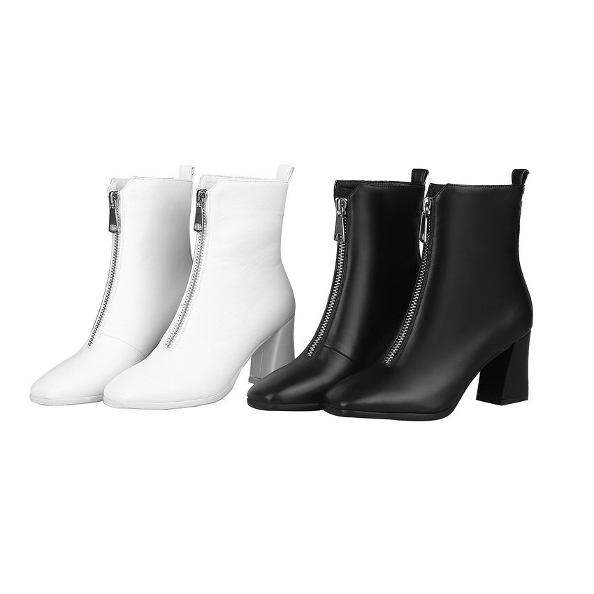 Qutaa Vrouwen Enkellaarsjes Vierkante Hoge Hak Winter Laarzen Mode Vrouwen Schoenen Pu Leer Rits Casual Vrouwen Laarzen Maat 34-43