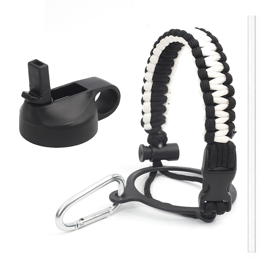 Hydro Flask Thermos Wide Mouth Bottle Safety Ring and Carabiner Paracord Handle with Insulated Wide Mouth Cap + Water Cup Strap: White