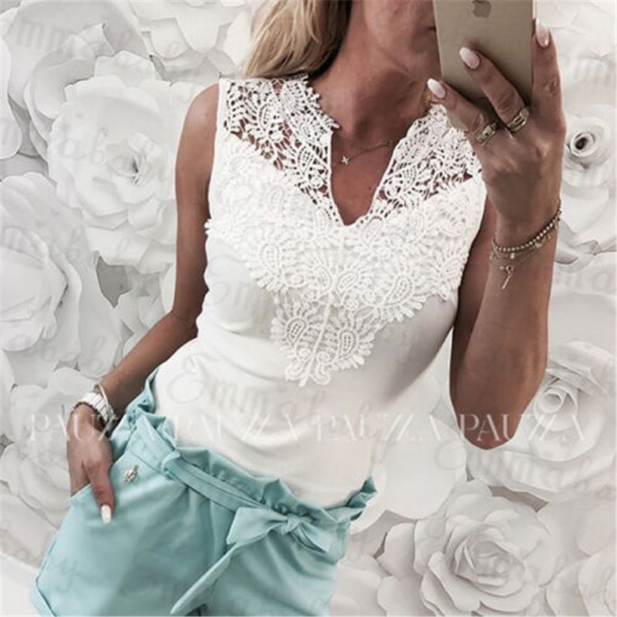 Sommer blonder broderi tank top kvinner ermeløs slank casual vest topper v-hals skjorte hvite kvinnelige damer sommer tees