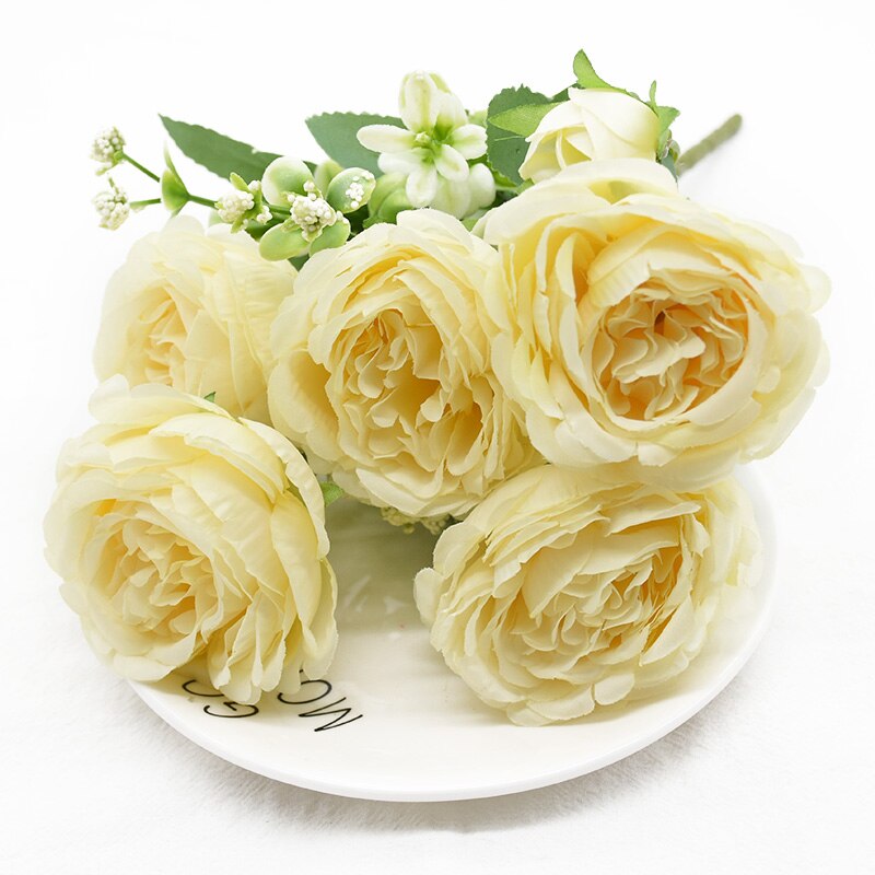 1 stk 5 gafler 9 blomster bryllup hjemmedekorasjon tilbehør kunstig peon bukett gjør det selv blomsterarrangement jul: 5