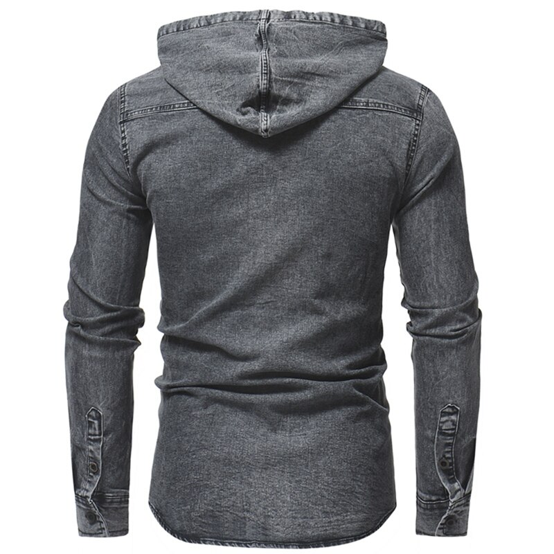Spring Wash Denim Shirt Men Long Sleeve Hooded Jeans Shirt Men Casual Slim Fit Shirt