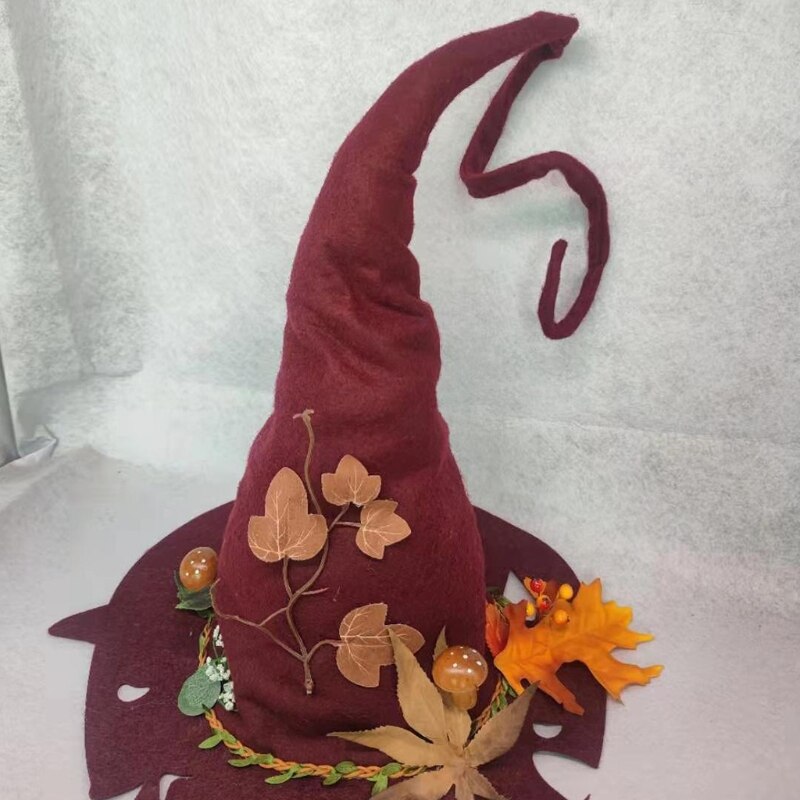 Felt Pointed Hat Wizard Hat with Flower Decor Steeple Witch Hat Party Headgear Cosplay Halloween Witch Costume