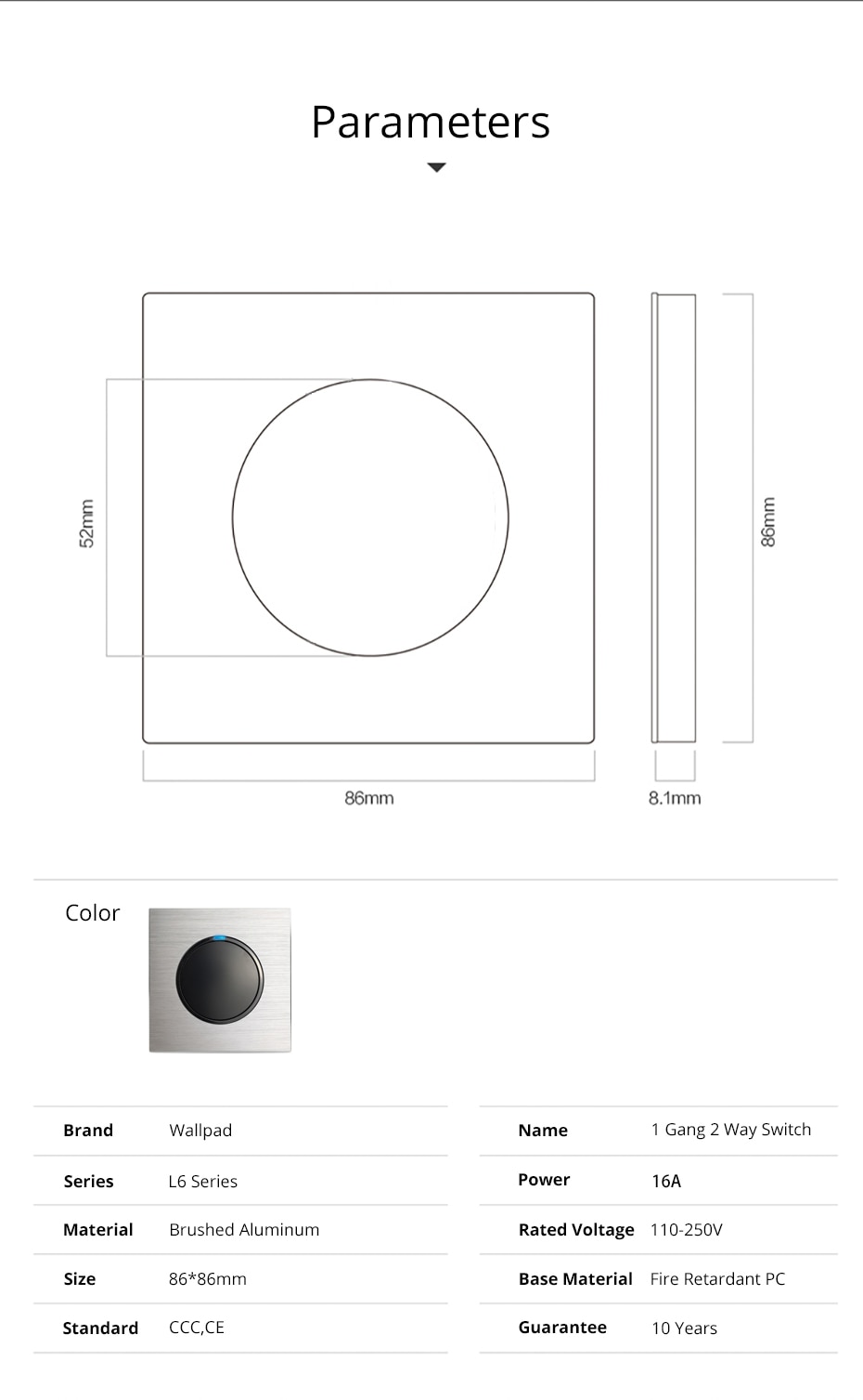 Wallpad Grey L6 1 Gang 1 Way 2 Way Light Switch Brushed Silver Aluminum Plate Push Return Button With Blue LED Indicator
