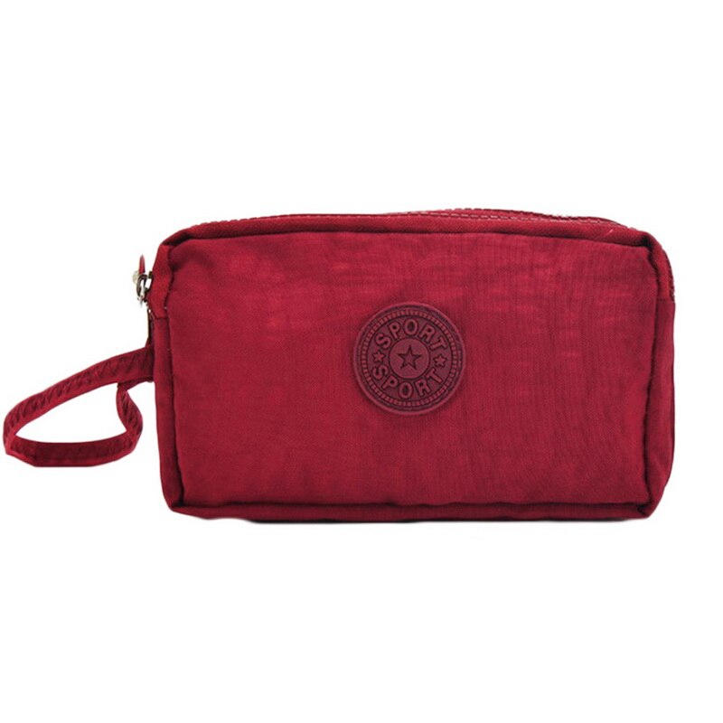 Nueva cartera de lona para mujer, bolso de teléfono móvil informal de Color sólido, bolsa de mano Horizontal con cremallera de tres capas, billeteras estándar para mujer: Borgoña