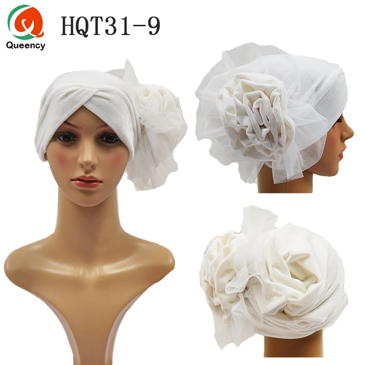 HQT31 Turban Nigeria cravate dames velours Tuban Gele casque musulman arabe Bonnet fleur chapeau pour mariage et fête: white