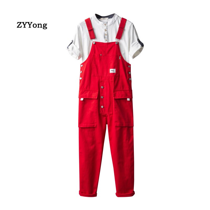 Mono con pechera para hombre, pantalones Cargo rojos, holgados, rectos, con bolsillos grandes, ropa de calle Hip Hop, pantalones informales