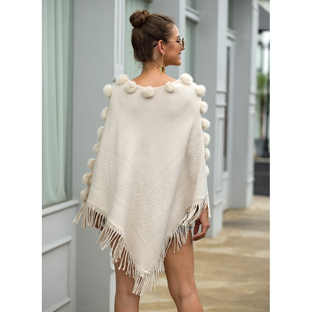 Rund hals cape poncho tröjor dam vinter stickad tofs solid hårboll capes sjal kappa ponchos elegantes höstkappa sjal