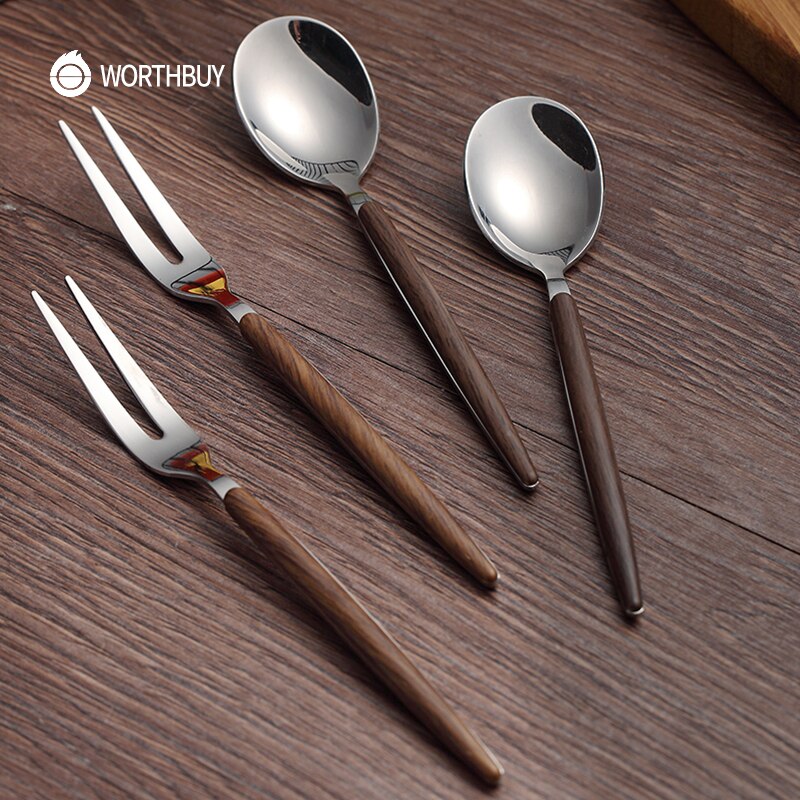 WORTHBUY 2 Pcs/Set Fruit Fork Spoon Set 304 Stainless Steel Salad Fruit Fork Dessert Spoon Bento Food Picks Kichen Accessories