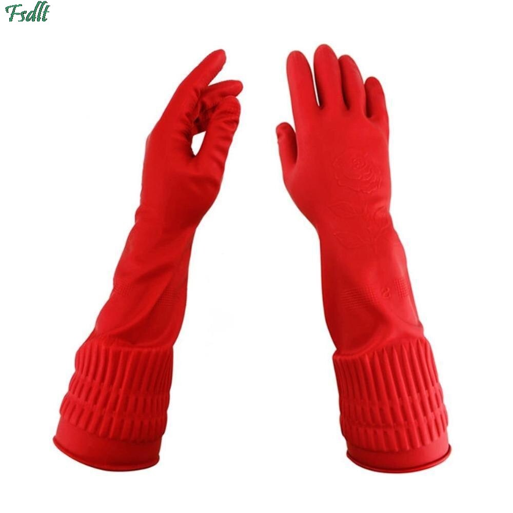 Gants en caoutchouc à manches longues pour femme, 1 paire, rouges, étanches, en Latex, pour la cuisine, le nettoyage de la vaisselle: 45CM / With  Velvet