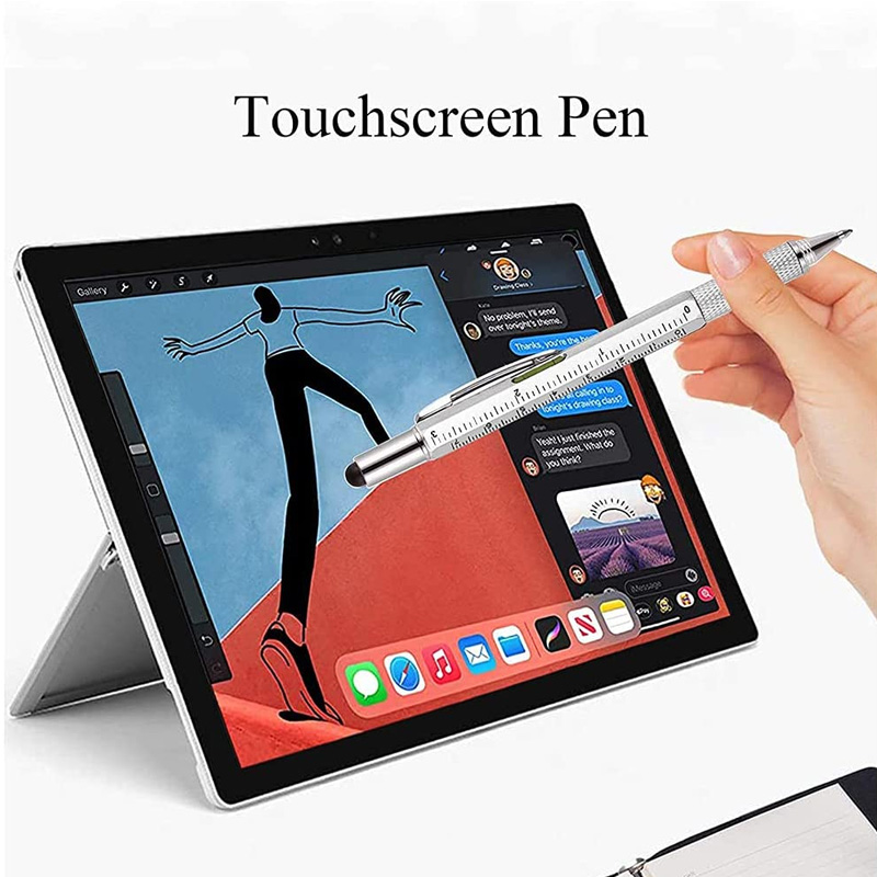Bolígrafo multifuncional 7 en 1 con dispositivo multitech moderno, regla de medición, destornillador, nivel de lápiz óptico de pantalla táctil