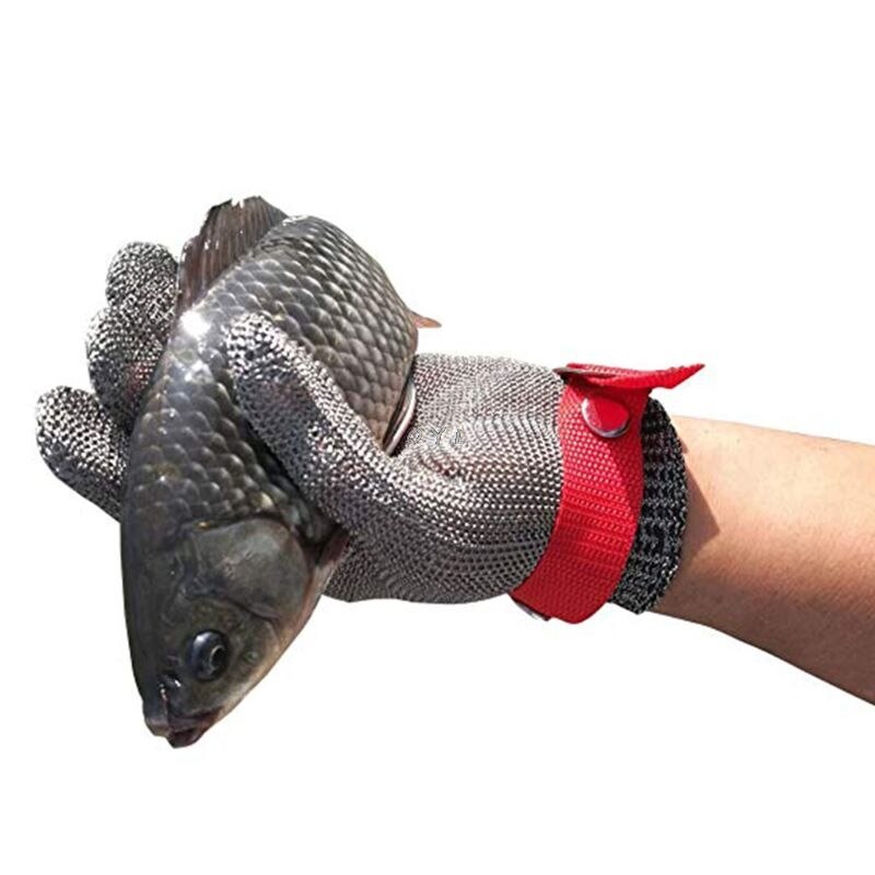Guante de carnicero de malla metálica de acero inoxidable, resistente a Cortes, protección de alto rendimiento, nivel 5, azul y rojo