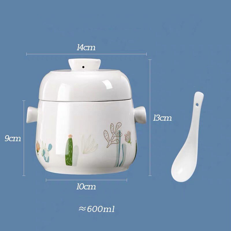 Ceramic Bird's Nest Porriage Egg Stew Pot With Spoon Stew In Water Jar One People Use 460/600ml Soup Pot Double Ear: B 600ml