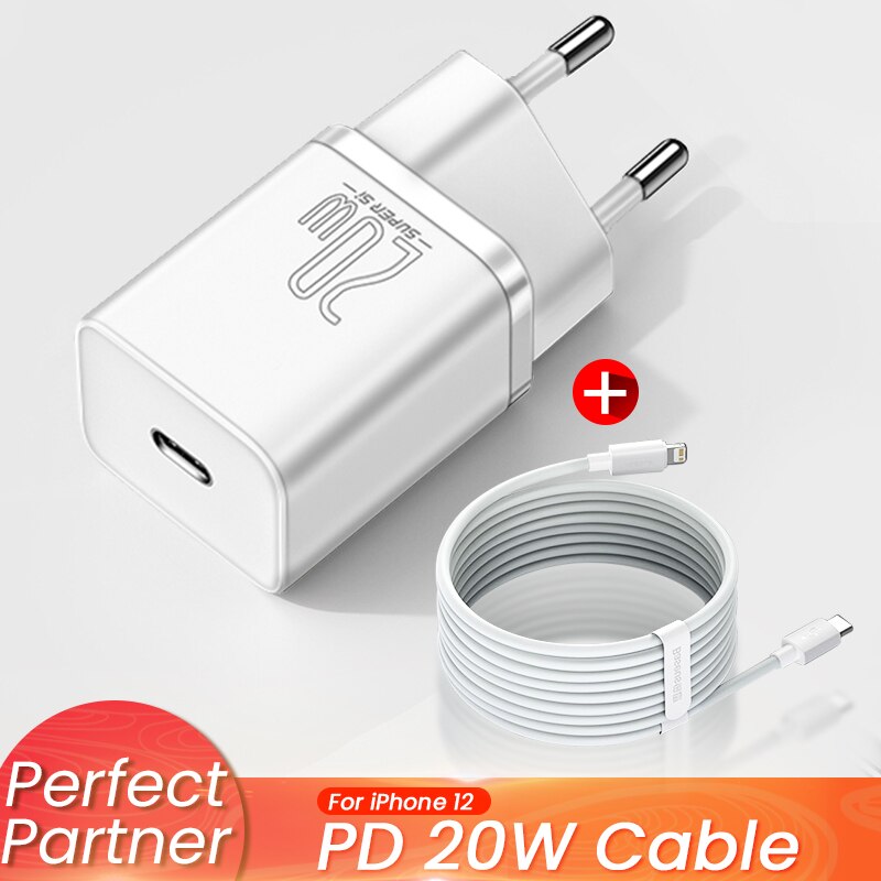 Baseus super  si 20w usb-c-ladegerät für iphone 12 pro max pd schnelllade-usb-c-reiseladegerät für iphone 12 mini: 20w weiße bündel