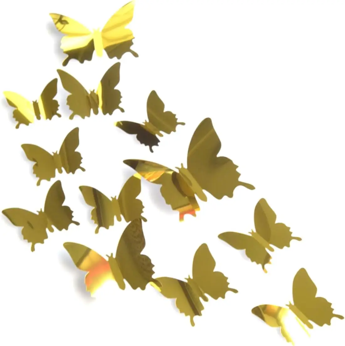 Pegatinas de pared de espejo de mariposa para niños, 12 piezas, calcomanía 3D DIY, arte para niños, pegatina para pegar, decoración del hogar, Fondo de dormitorio, de boda: Oro