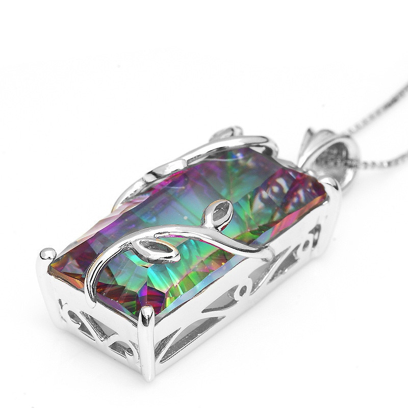 CiNily Big Rainbow Mystic Stone Necklace & Pendant Solid 925 Sterling Silver Chain Dangle Charm Ethnic Tribe Jewelry Women