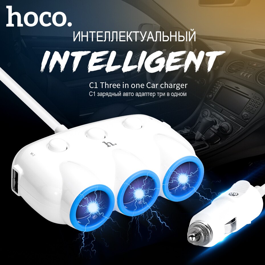 Hoco Car Charger Hub 2 Usb 3 Poorten Sigarettenaansteker Splitter Power Adapter 12V-24V Voor ipad Smartphone Dvr Gps