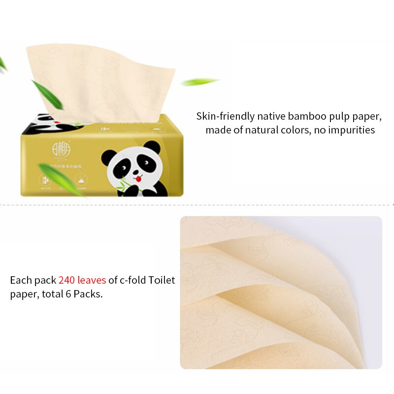 Papel higiénico de bambú sin blanquear, 6 paquetes, hipoalergénico, para cocina, inodoro bombeo, con caja