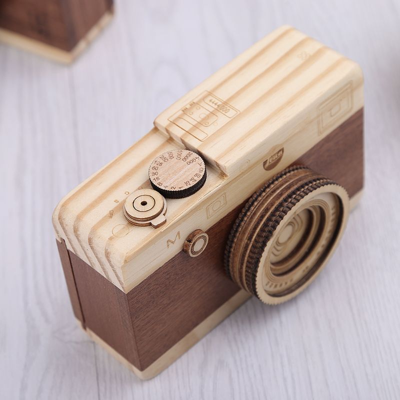 Wooden Music Box Retro Camera Classical Melody Birthday Home Decoration