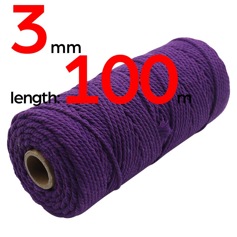 Cordón de Navidad para macramé, 3mm, 100m, cordón de macramé de color de 3 capas, cuerda de algodón suave trenzada de Triple hebra, 100% algodón, Macram DIY: 3mm 100m Purple
