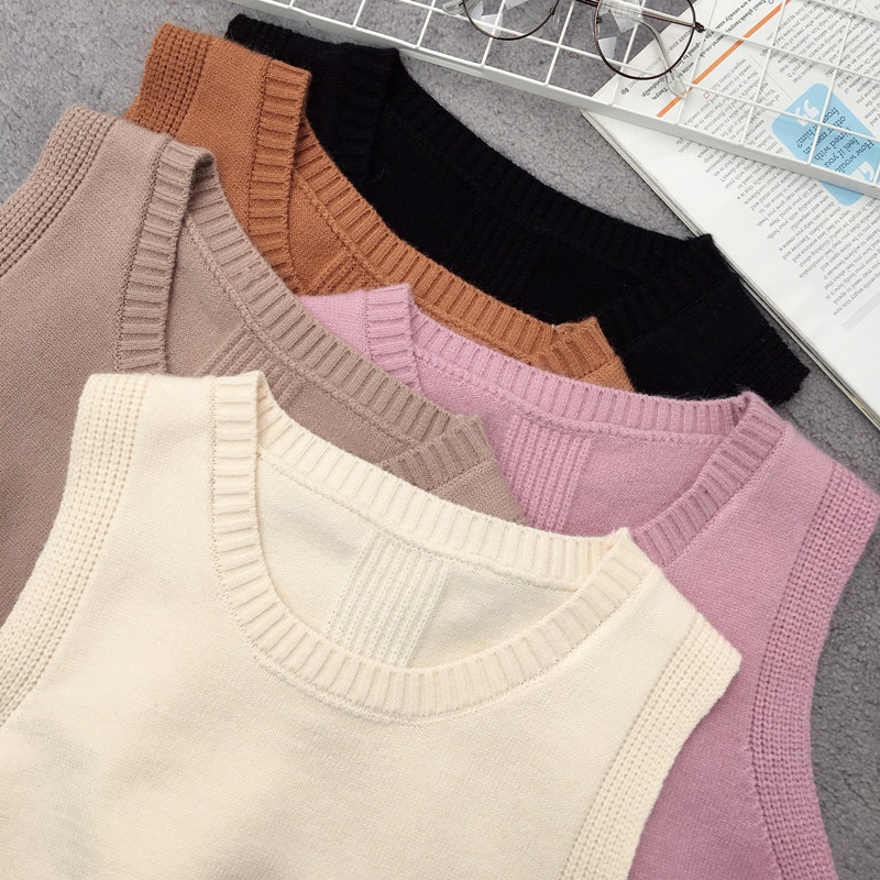 Ærmeløs vest sweater dame preppy stil look rund hals side åbning slids strikket vest pullovers t jumper kvinde strik sweater