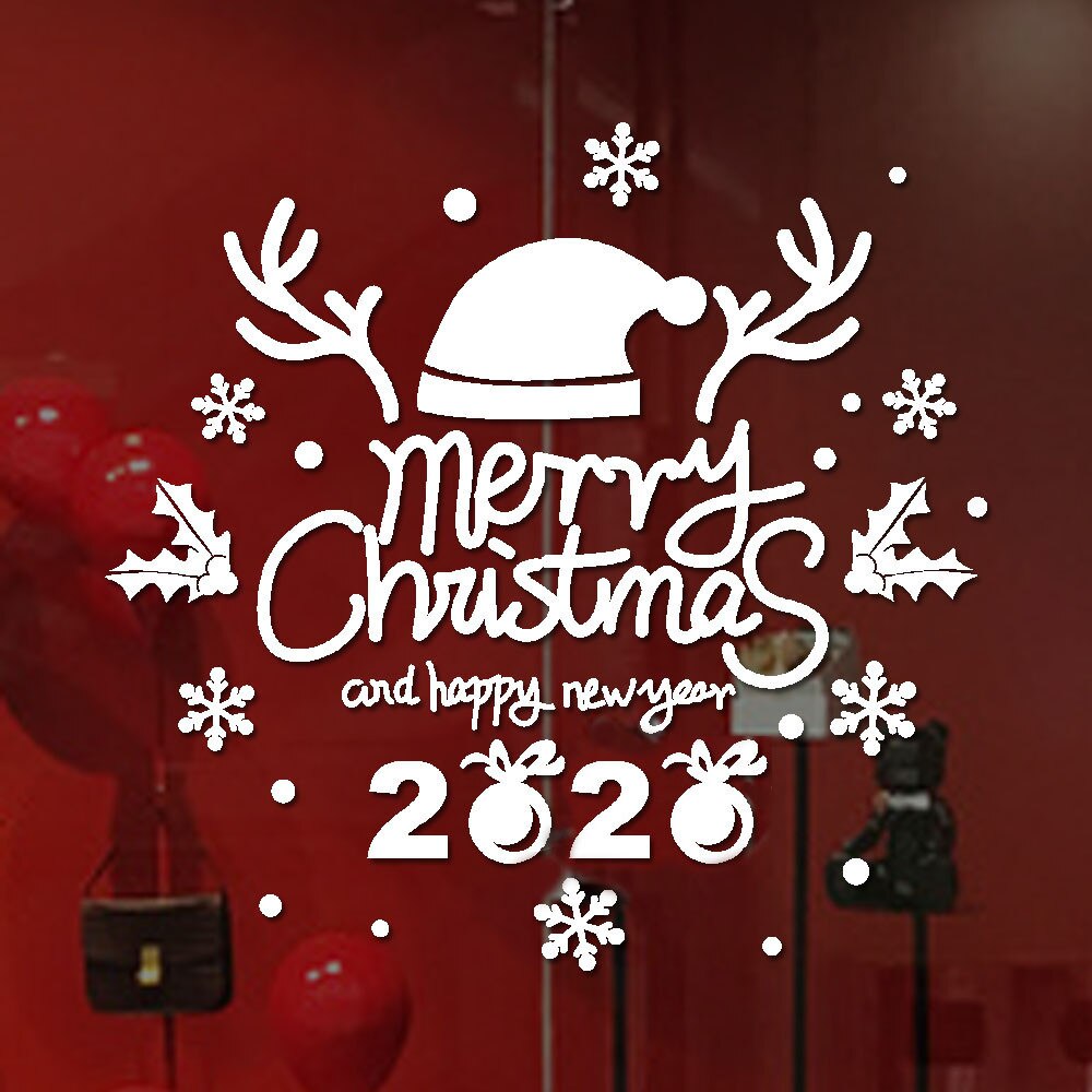 Letters Christmas Hat Wall Stickers PVC Living Room Reindeer Horn Shaped Year Glass Santa Claus Window Showcase Sticker