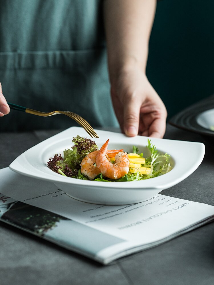 Plato de cerámica para sopa, Plato cuadrado nórdico de porcelana Occidental Profunda para comida, aperitivos, fruta, ensalada, vajilla,