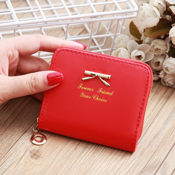 Casual Bowknot Zipper Pouch Wallet for Women Bank Card Case Coin Pocket Purse Credit ID Card Holders Cover Bag XB228: Red