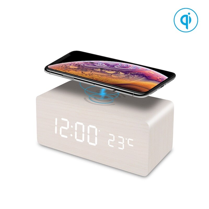 FiBiSonic Holz LED Digital Tisch Wecker mit Mit Qi kabellos aufladen Pad Kompatibel Mit Für Iphone Samsung