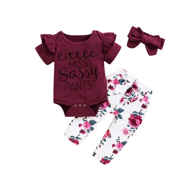 Baby zomer 3 -delige set babymeisjes jongens letter bloemen ruches korte mouwen romper top + broek + hoofdband