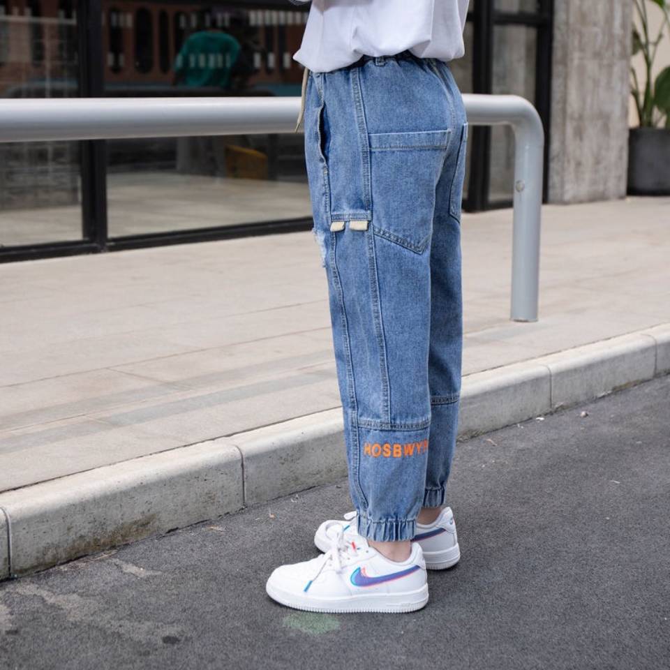 Children Boys Jeans Spring Kids Denim Pants Boys Casual Big Pocket Jeans Pants 4-13Y Children Letter Straight Trousers