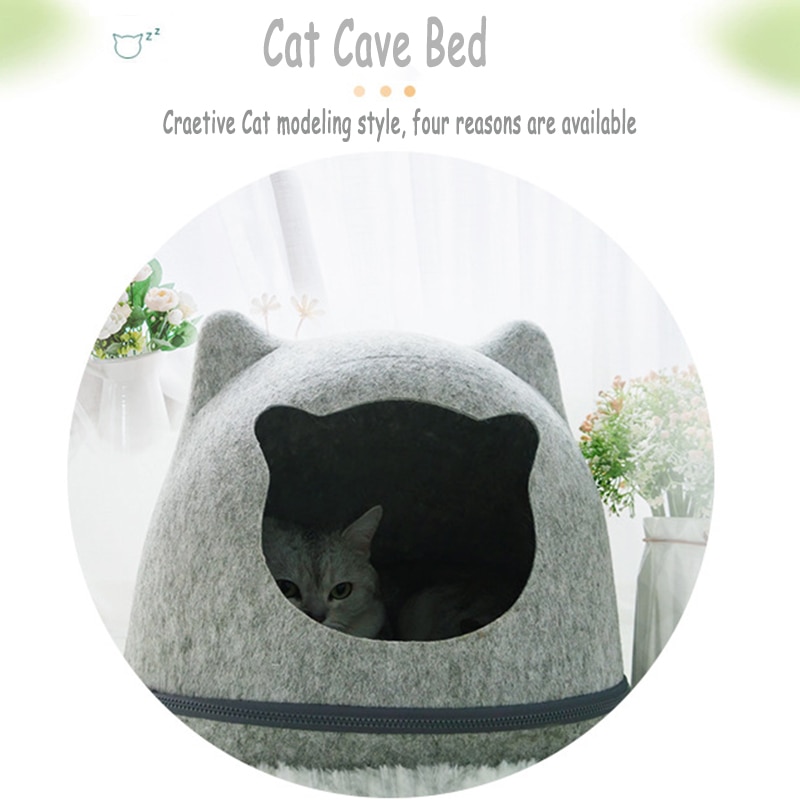 Kat kæledyrshus seng aftagelig naturlig filt katteseng åndbar kat kæledyr hulekat sengehus med pude til kæledyr katte kæledyrshjem