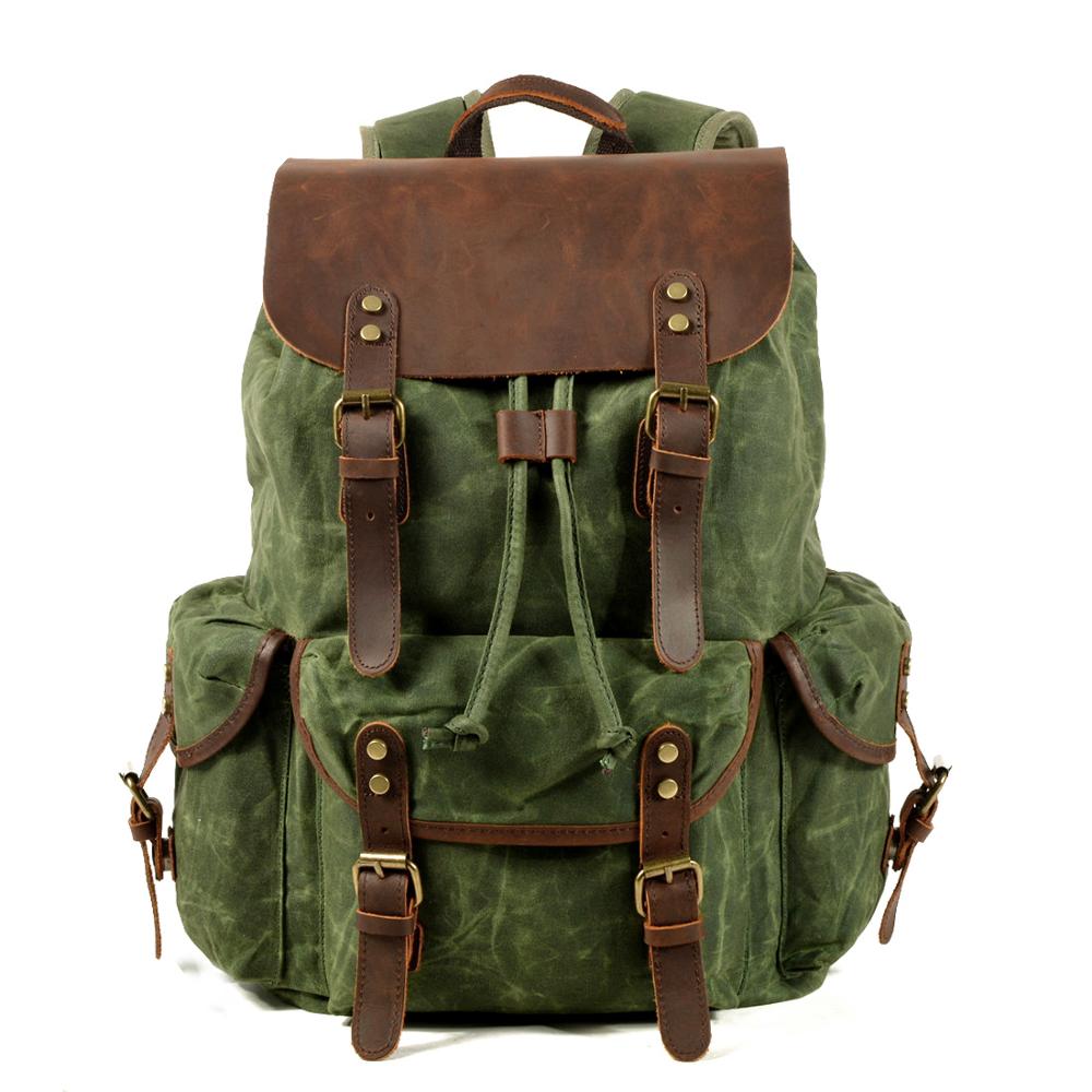 Mochilas de viaje enceradas al óleo para estudiantes de MUCHUAN, mochilas para portátiles impermeables de gran capacidad, mochilas de cuero de lona de algodón puro: green