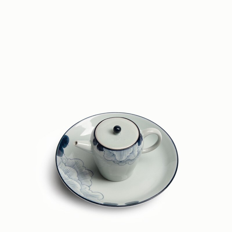 Jingdezhen blått och vitt porslin hibiskus tekanna underlägg grytlapp fat vintage keramik frukt nötter maträtt mat tallrik