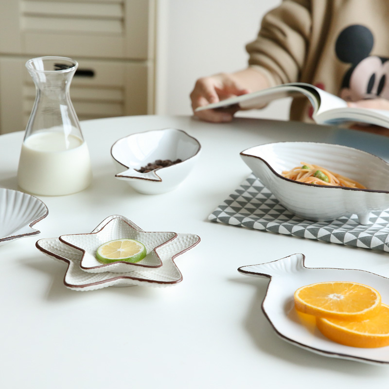 Ceramic Ocean Style Plate Whale Fish Dish Shell Starfish Trumpet Shell Bowl Blue White Porcelain Dinnerware Serving Platter