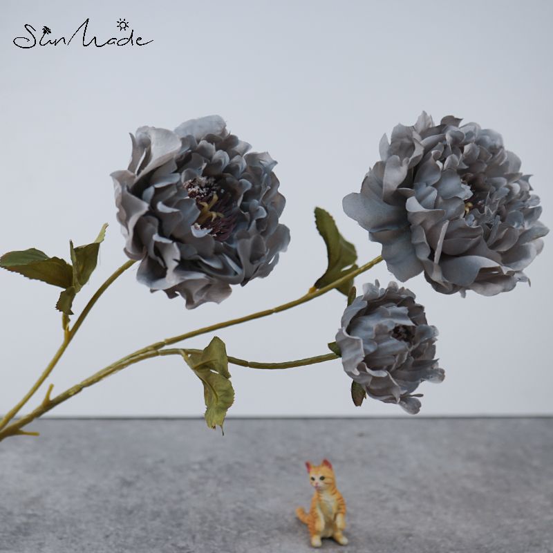 Sunmade 3-Head Grote Pioen Tak Kunstbloemen Woonkamer Decoratie Bruiloft Fall Decor Bloemstuk Diy: Retro Grey