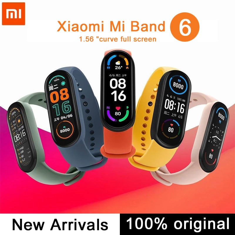 Xiaomi-pulsera inteligente Mi Band 6, dispositivo con control del ritmo cardíaco y del oxígeno en sangre, Pantalla AMOLED a Color de 1,56 pulgadas, Bluetooth, 5 colores