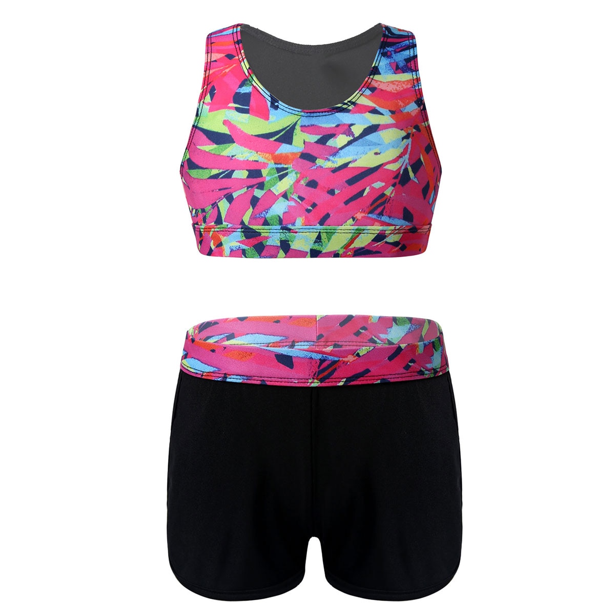 Kids Sets Girls Sleeveless Cutouts Racer Back 3D Digital Printed Crop Top Sports Bra with Boy-cut Shorts Workout Running Suit: 12