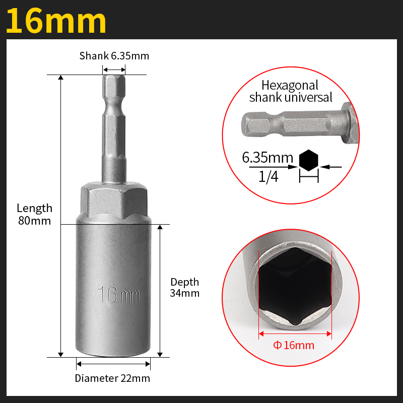 5.5-19mm Length Deepen Impact Socket Adapter Power Nut Driver Socket Drill Bit 1/4-inch Hex Shank Screwdriver Key Head Hand Tool: Red