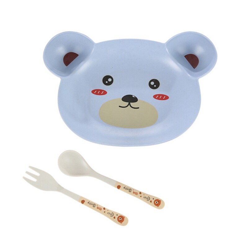 3 Stks/set Milieuvriendelijke Bamboe Fiber Baby Gerechten Animal Bear Servies Set Voor Kids Peuter Servies Voeden Vork Lepel Plaat: C