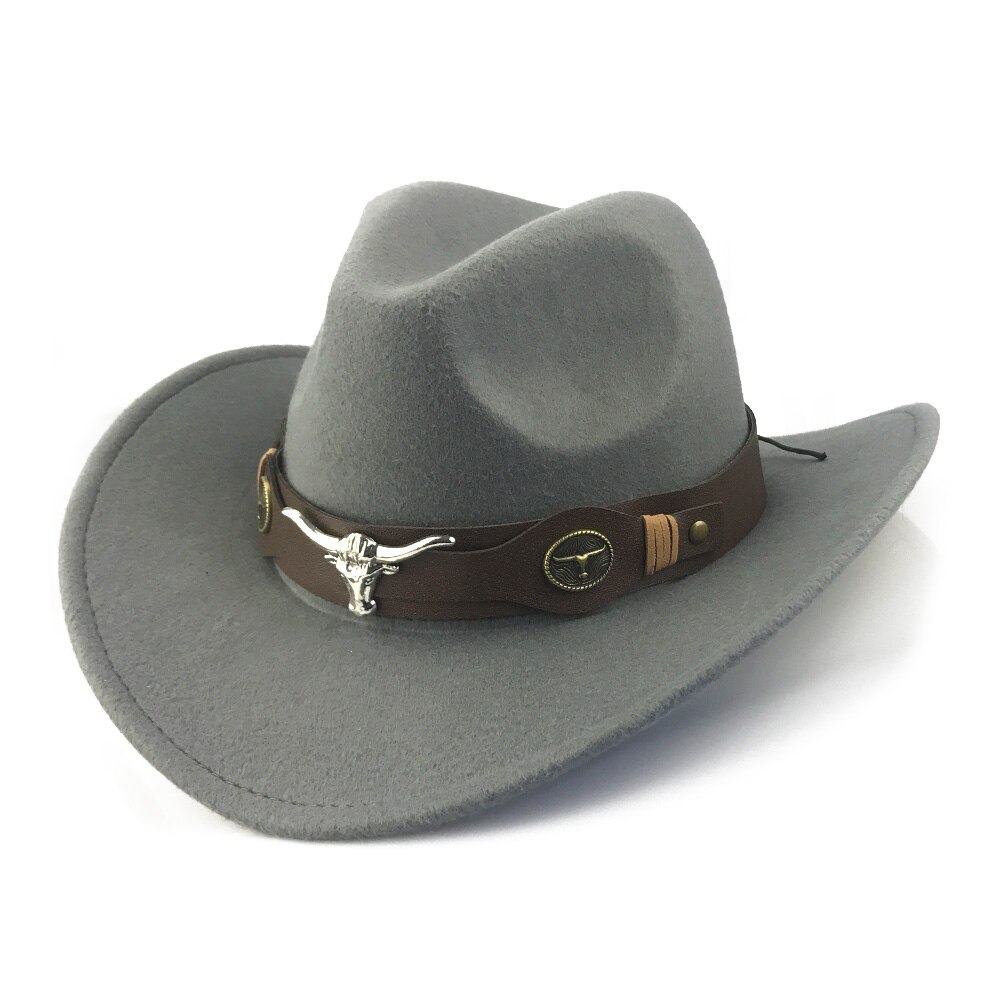 YY Bull Cowboy Cap for Men Autumn Winter Fedora Hats Retro Western Cowgirl Cap With Wide PU Leather Belt YY20074: Grey Bull Cowboy