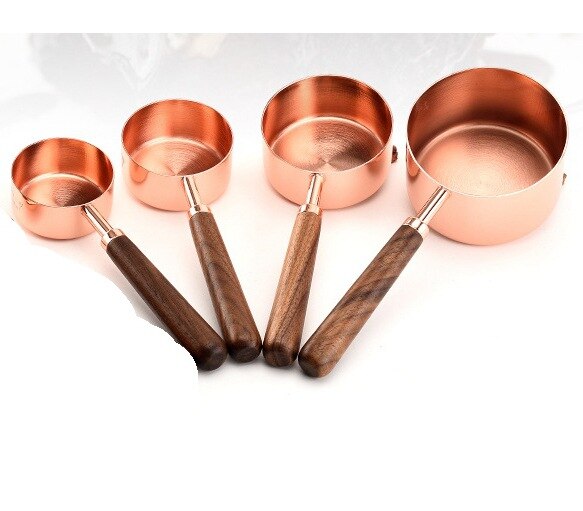 4 Stks/set Rvs Maatbeker Lepel Met Walnoot Handvat Rose Gold Bakken Maatlepel Keuken Schaal Maatbeker: Rose Golden