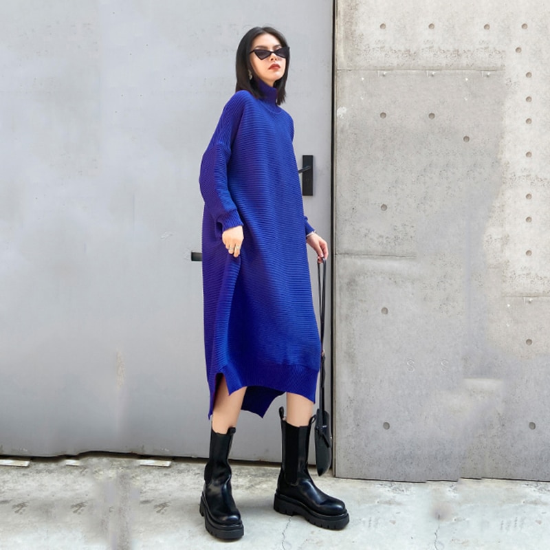 [EAM] Vestido largo de punto Irregular de talla grande para mujer, cuello alto, manga larga, suelto, tendencia de , primavera otoño 1DB512
