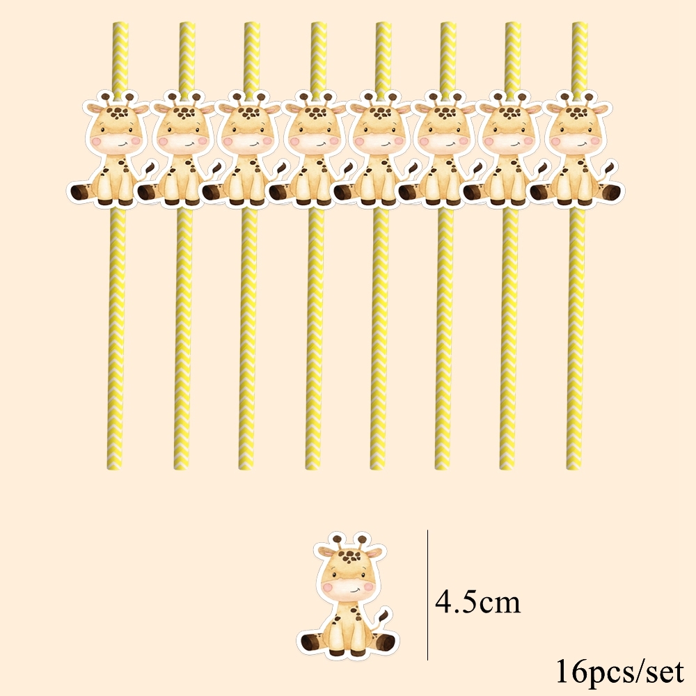 16pcs Carton Animal Straws Eco Striped Drinking Straws for Kids Jungle Safari Wild Animal Happy Birthday Party Decoration Supply: light yellow