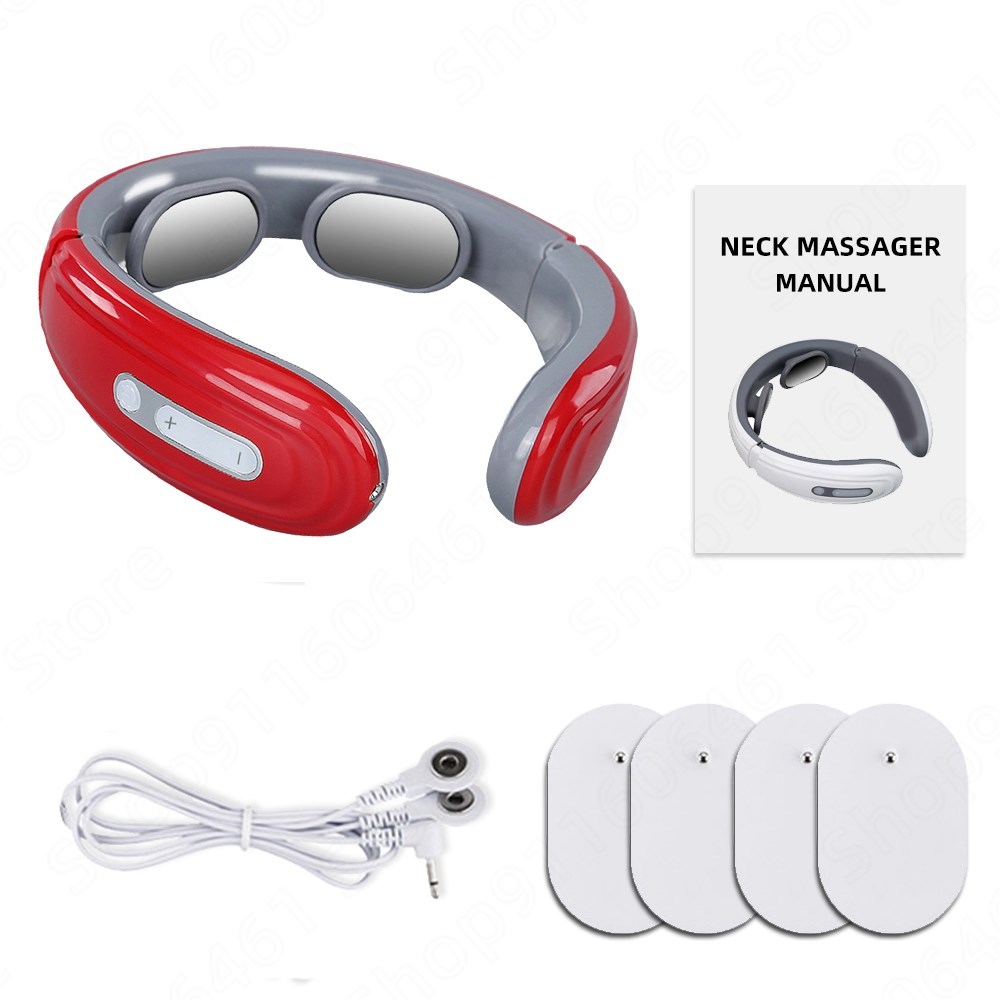 Neck And Back Massager Electric Mini Machine Shoulder Body Massage Neck Pain Reliever Pulse Apparatus Massagers Devices: Red and 4 Pads