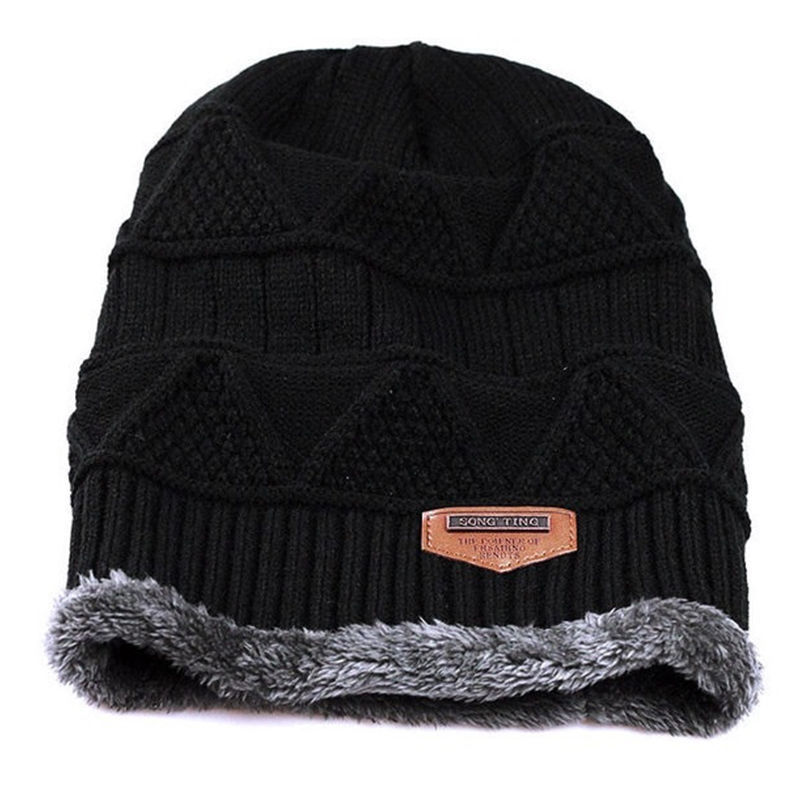 Stijl Mode Mannen Patchwork Winter Warm Haak Knit Baggy Beanie Wol Schedel Hoed Ski Cap Sjaal Set: Black